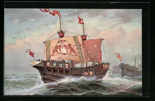Künstler-AK Christopher Rave: Hansa-Kriegsschiff Die bunte Kuh bei der siegreichen Heimkehr, 1404
