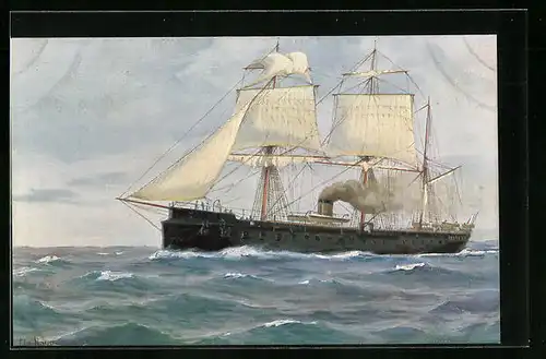 Künstler-AK Christopher Rave: Erstes französisches Panzerschiff La Gloire auf hoher See, 1859