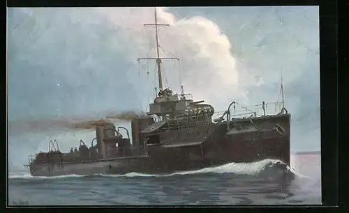 Künstler-AK Christopher Rave: Englischer Torpedobootzerstörer in voller Fahrt, 1904-05
