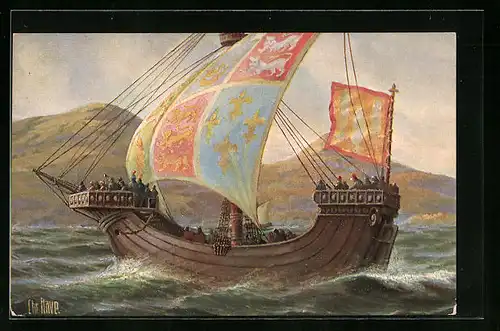 Künstler-AK Christopher Rave: Englisches Kriegsschiff, 14. Jahrhundert