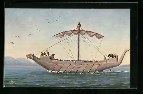 Künstler-AK Christopher Rave: Kriegsschiff unter Ramses III. in Fahrt