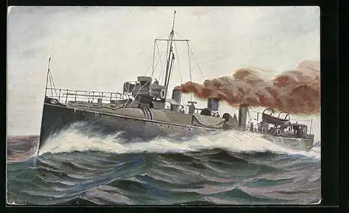Künstler-AK Christopher Rave: Englischer Torpedobootszerstörer Velox in voller Fahrt, 1902