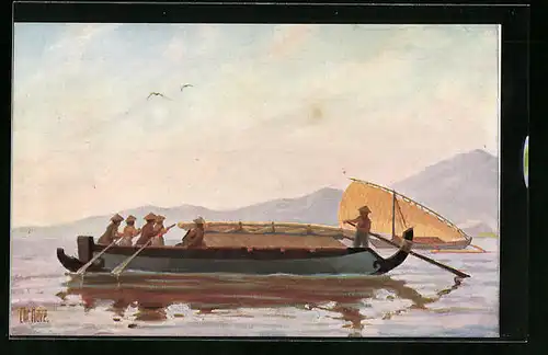 Künstler-AK Christopher Rave: Javanisches Transportboot, 19. Jahrhundert