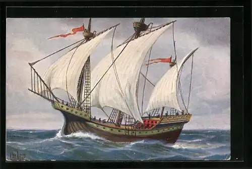 Künstler-AK Christopher Rave: Holländische Kogge auf hoher See, um 1450