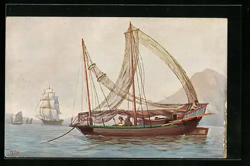 Künstler-AK Christopher Rave: Grosses chinesisches Fischerboot, Jetztzeit