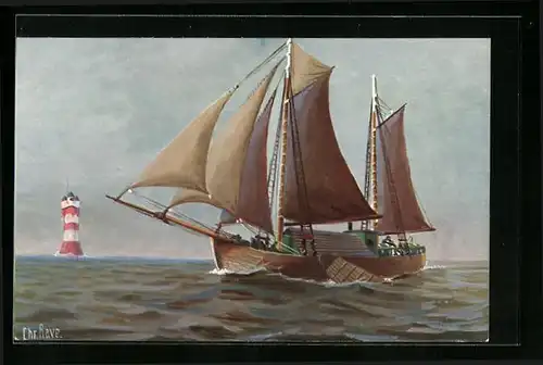 Künstler-AK Christopher Rave: Zweimastiger Weserkahn Dorthea und Leuchtturm, Jetztzeit