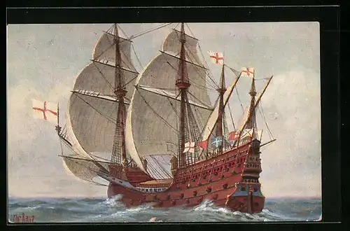 Künstler-AK Christopher Rave: Englisches Kriegsschiff, 16. Jahrhundert