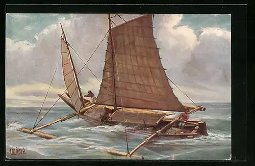 Künstler-AK Christopher Rave: Philippinen, Boot mit Ausleger auf hoher See, Jetztzeit