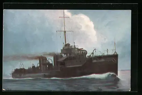 Künstler-AK Christopher Rave: Englischer Tropedobootzerstörer in voller Fahrt, 1904-05