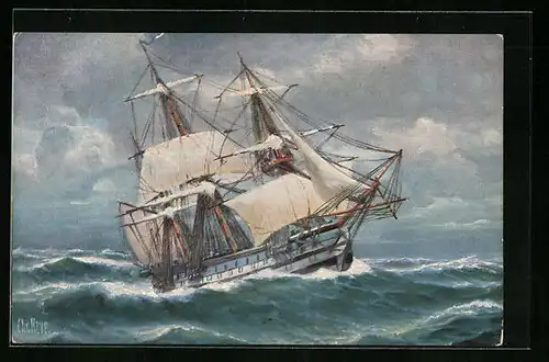 Künstler-AK Christopher Rave: Französisches Kriegsschiff im Sturm, Anfang des 19. Jahrh.