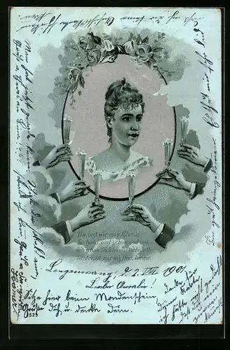 AK Du bist wie eine Blume..., Junge Frau und Hände mit Sektgläsern