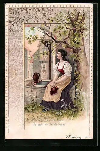 Präge-AK Junge Frau mit Krügen am Brunnen