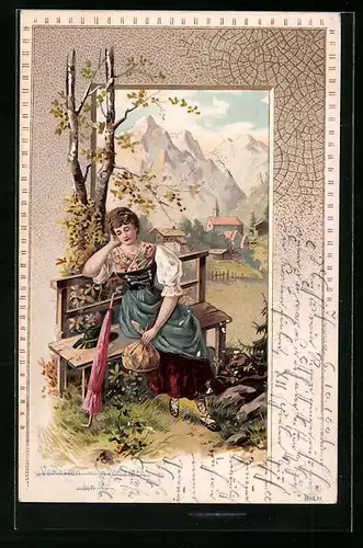 Präge-AK Junge Frau in Tracht mit Sackerl und Schirm