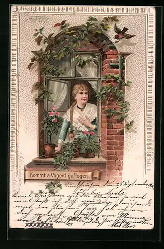 Präge-AK Kommt a Voger`l geflogen, Junge Frau am Fenster und Vogel mit Kuvert