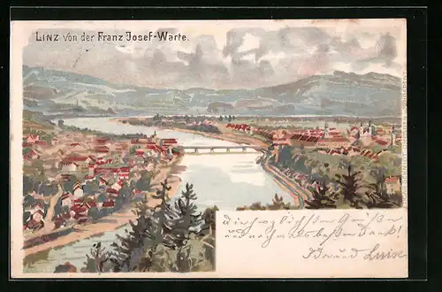 Lithographie Linz, Ortsansicht von der Franz-Josef-Warte