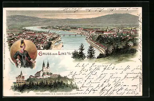 Lithographie Linz, Linzerin, Ortsansicht aus der Vogelschau mit Donau, Hotel Pöstlinberg mi Elektr. Seilbahn