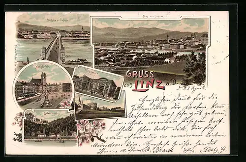 Lithographie Linz, Brücke und Urfahr, Linz von Urfahr, Calvarienberg