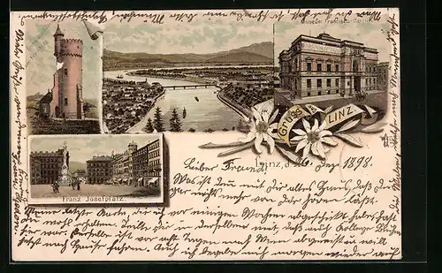 Lithographie Linz, Franz-Josefswarte am Freinberg, Ortsansicht aus der Vogelschau, Franz Josefplatz