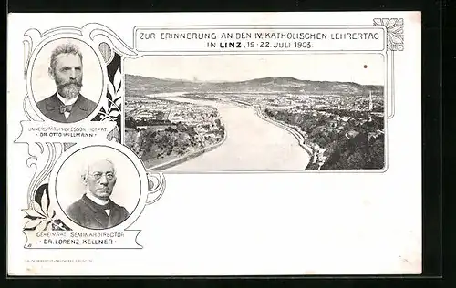 AK Linz, Erinnerungskarte Katholischer Lehrertag 1903 mit Portraits Hofrat Willmann und Geheimrat Dr. Kellner