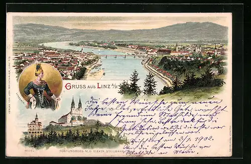 Lithographie Linz, Ortsansicht mit Donau, Hotel, Pöstlingberg mit Elektr. Seibahn