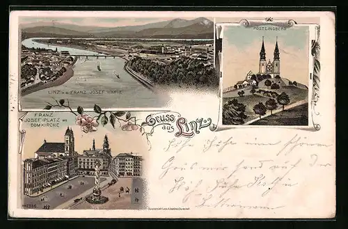 Lithographie Linz, Pöstlingberg, Ortsansicht, Franz Josef-Platz mit Domkirche
