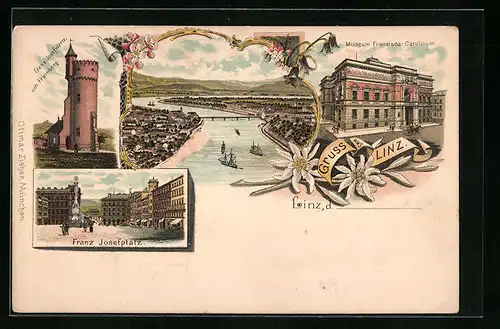 Lithographie Linz, Ortsansicht, Franz Josef-Platz, Museum Franzisca-Carolinum