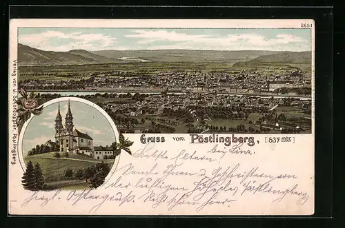 Lithographie Linz, Pöstlingberg, Totalansicht