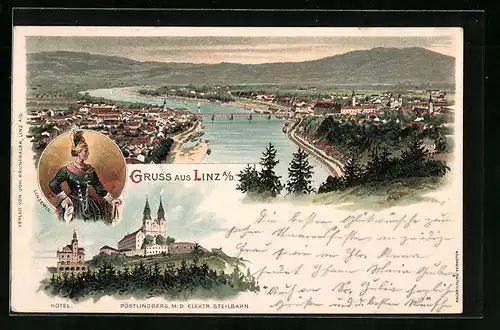 Lithographie Linz, Pöstlingberg mit Seilbahn und Hotel, Ortsansicht aus der Vogelschau, Linzerin