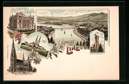 Lithographie Linz, Museum, Maria Empfängnis Dom, Ortsansicht aus der Vogelschau