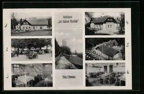 AK Linz /Donau, Gasthaus zur schönen Aussicht in Freinberg - Aussen, Speiseraum, Garten
