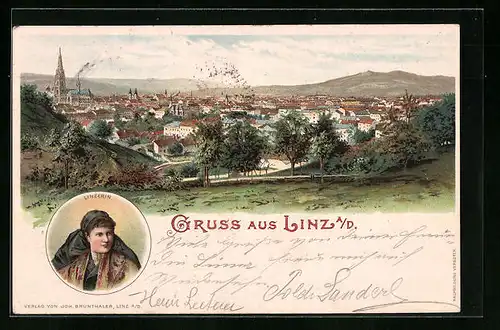 Lithographie Linz, Linzerin, Ortsansicht aus der Vogelschau