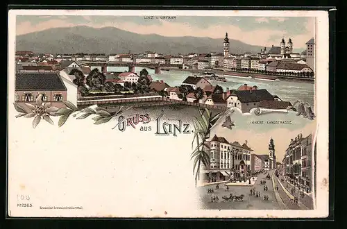 Lithographie Linz, Innere Landstrasse, Ortsansicht von Urfahr