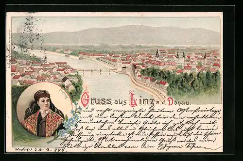 Lithographie Linz a. d. Donau, Ortsansicht aus der Vogelschau, Linzerin