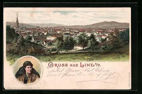 Lithographie Linz a. D., Ortsansicht vom Stadtrand aus, Linzerin
