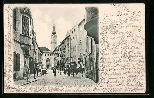 AK Linz a. D., Altstadt mit Passanten und Kirche