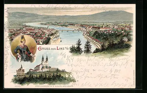 Lithographie Linz, Ortsansicht aus der Vogelschau, Pöstlingberg mit Hotel und Seilbahn