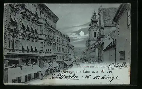 Mondschein-AK Linz a. D., Landstrasse mit Café Central