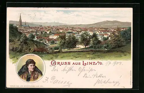 Lithographie Linz a. D., Linzerin in Tracht, Totalansicht