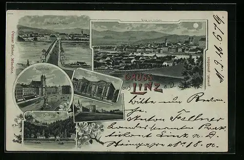 Lithographie Linz a. D., Brücke und Urfahr, Calvarienberg, Ortsansicht