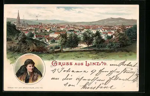 Lithographie Linz a. D., Linzerin in Tracht, Totalansicht