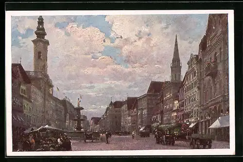 Künstler-AK Steyr, Strassenpartie im Ort