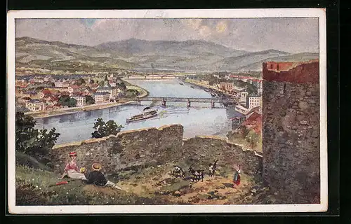 Künstler-AK Linz /Donau, Junges Paar vor Bergpanorama