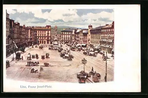 AK Linz /Donau, Pferdewagen auf dem Franz Josef-Platz