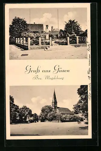 AK Güsen /Bez. Magdeburg, Ortspartie mit Kirche, Denkmal