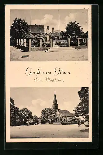 AK Güsen /Bez. Magdeburg, Ortspartie mit Kirche, Denkmal