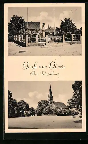 AK Güsen /Bez. Magdeburg, Ortspartie mit Kirche, Denkmal