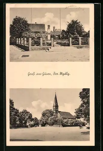 AK Güsen /Bez. Magdeburg, Ortspartie mit Kirche, Denkmal