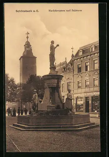 AK Schönebeck a. e., Marktbrunnen und Salzturm mit Drogerie Flora