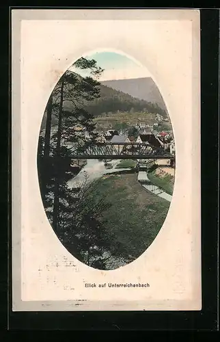 Präge-AK Unterreichenbach, Uferpartie mit Brücke im Passepartoutrahmen