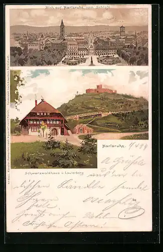 Künstler-AK Carl Münch: Karlsruhe, Schwarzwaldaus und Lauterberg, Blick auf den Ort vom Schloss
